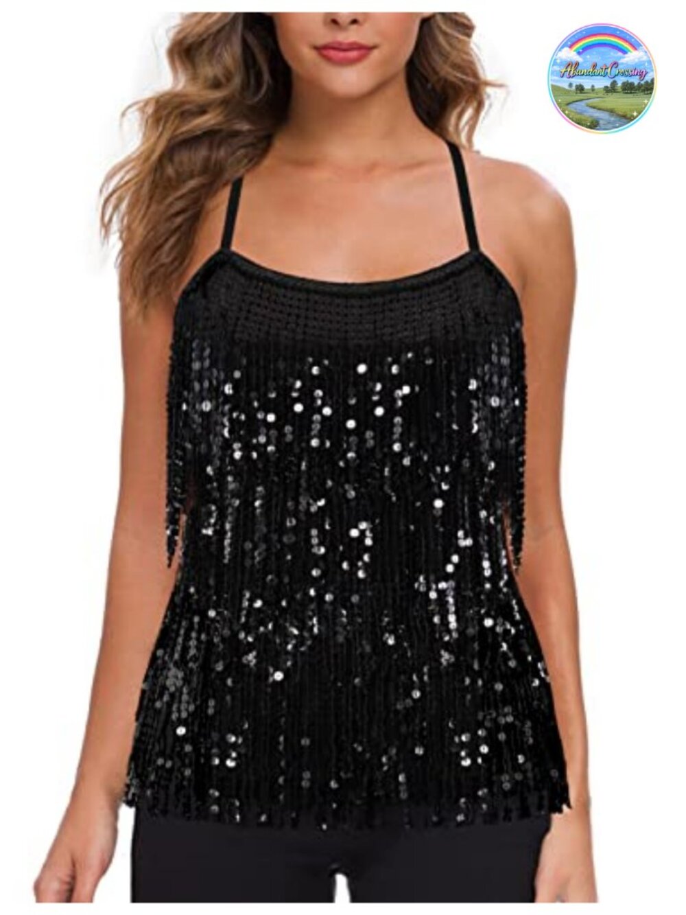 Sequin Fringe Tank Top Sparkly Party Cami Adjustable Spaghetti Strap